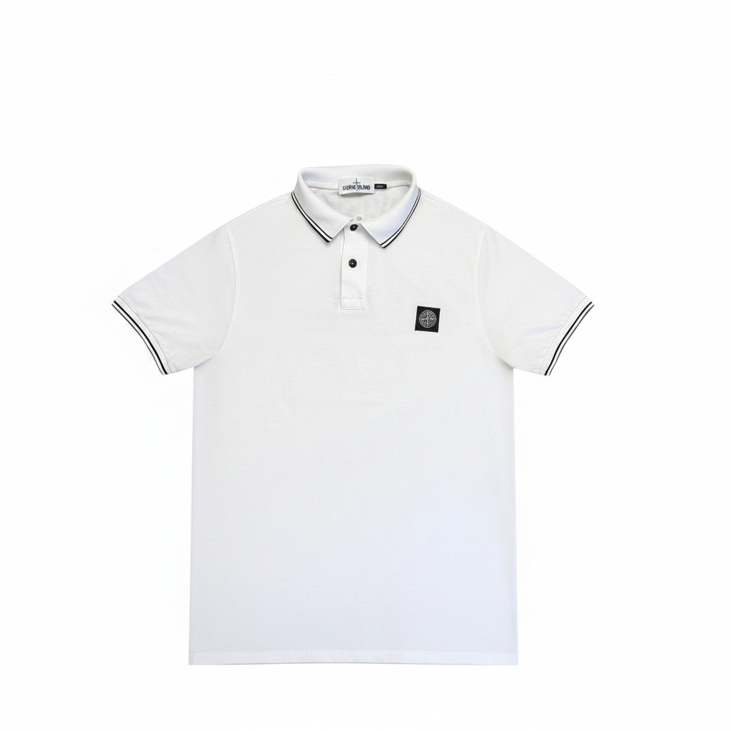 Archive No. 9 white cotton slim fit polo shirt with black tipped collar and cuffs, featuring the Stone Island logo badge on the chest.