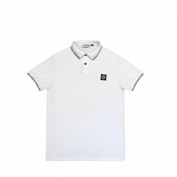 Archive No. 9 white cotton slim fit polo shirt with black tipped collar and cuffs, featuring the Stone Island logo badge on the chest.