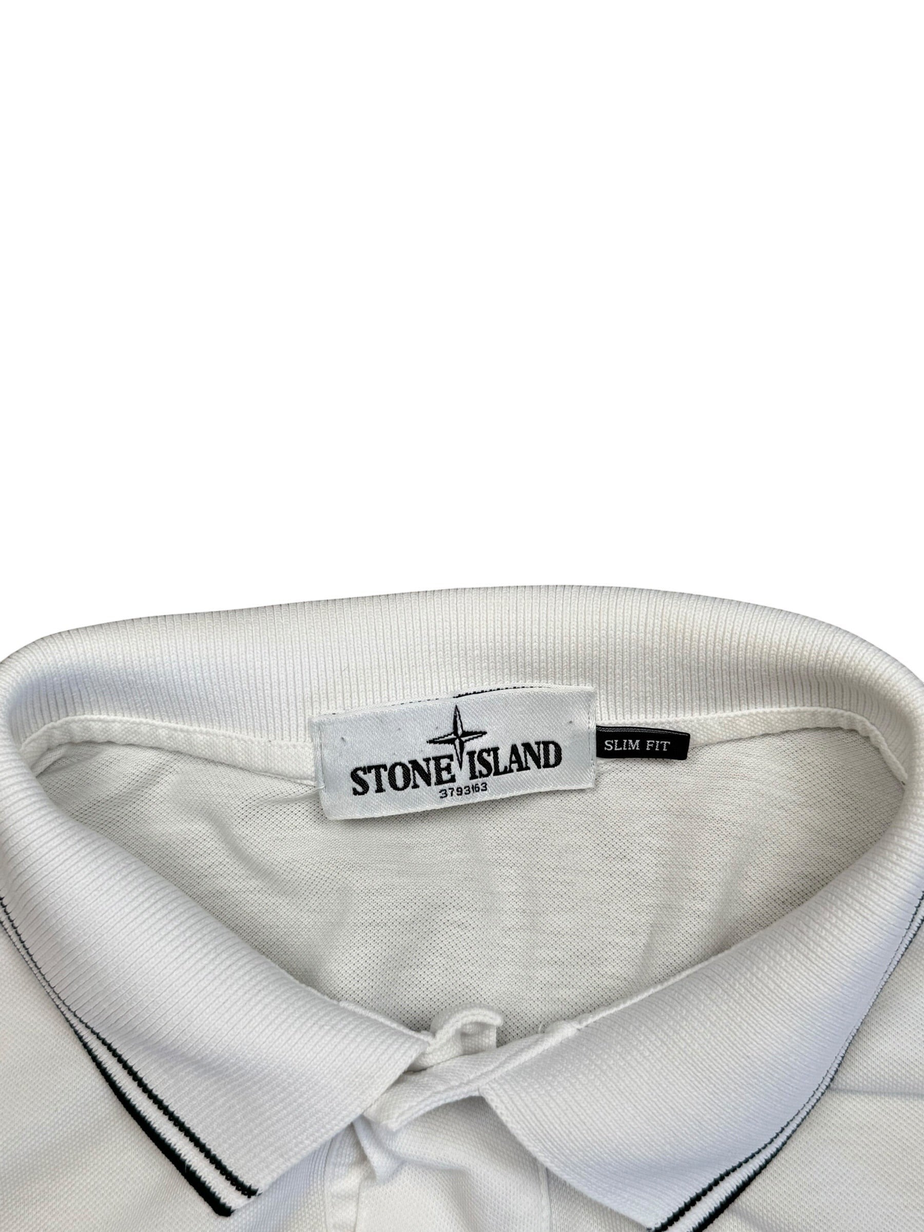 Archive No.9 white cotton slim fit polo shirt with black tipped collar and Stone Island logo on chest.