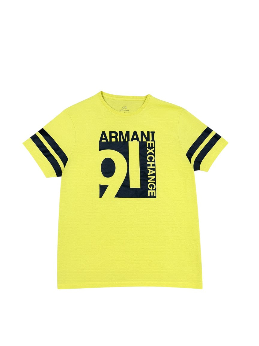 Archive No.9 yellow Armani Exchange cotton t-shirt with black graphic print and striped sleeve details.