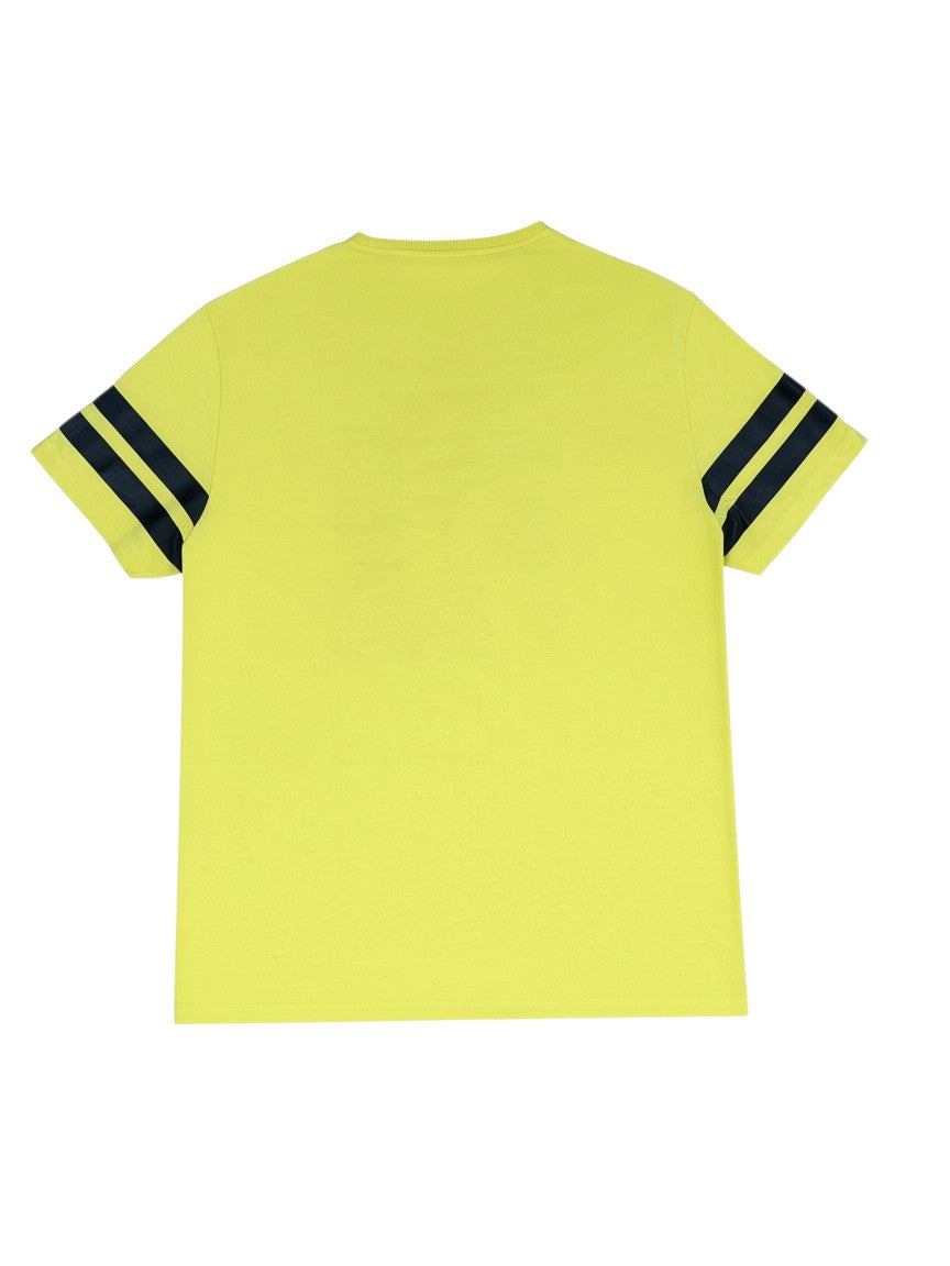 Archive No.9 yellow cotton T-shirt with black sleeve stripes and Armani print, back view.