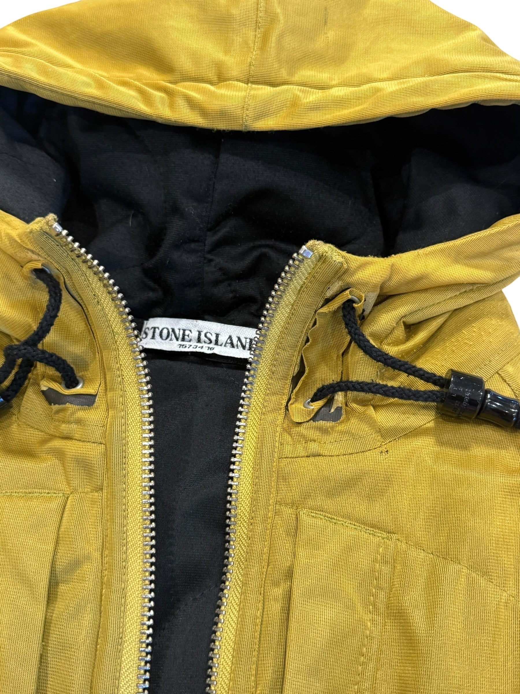 Archive No. 9 yellow Stone Island down-filled jacket, size Large, with black lining and adjustable hood.