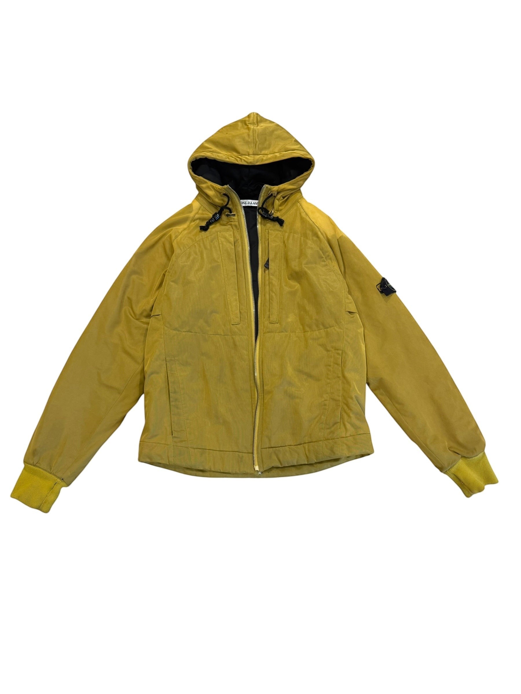 Archive No. 9 vintage yellow Stone Island hooded down jacket, size Large, with breathable construction and classic badge detail.