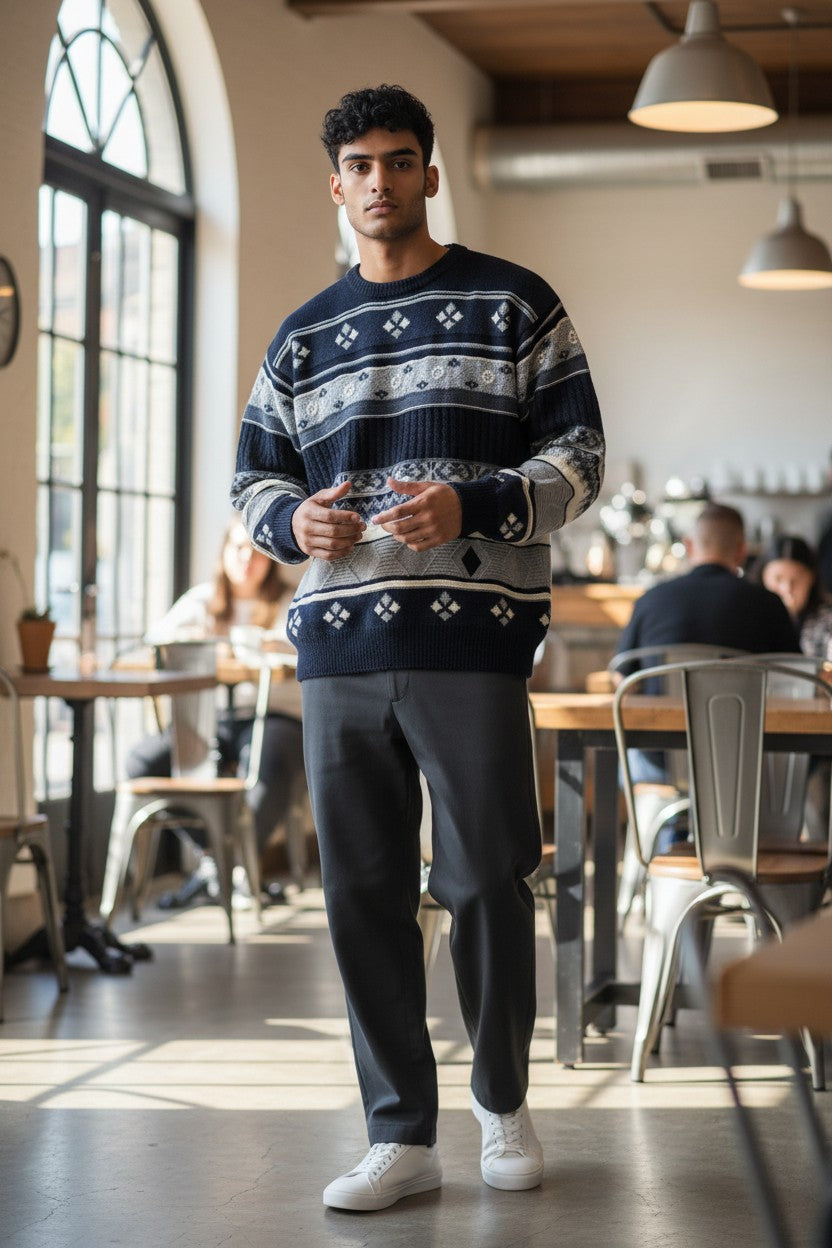 Archive No. 9 Yves Saint Laurent navy, grey, and white checkered knit jumper, size Medium. Heavyweight knit with iconic YSL design.