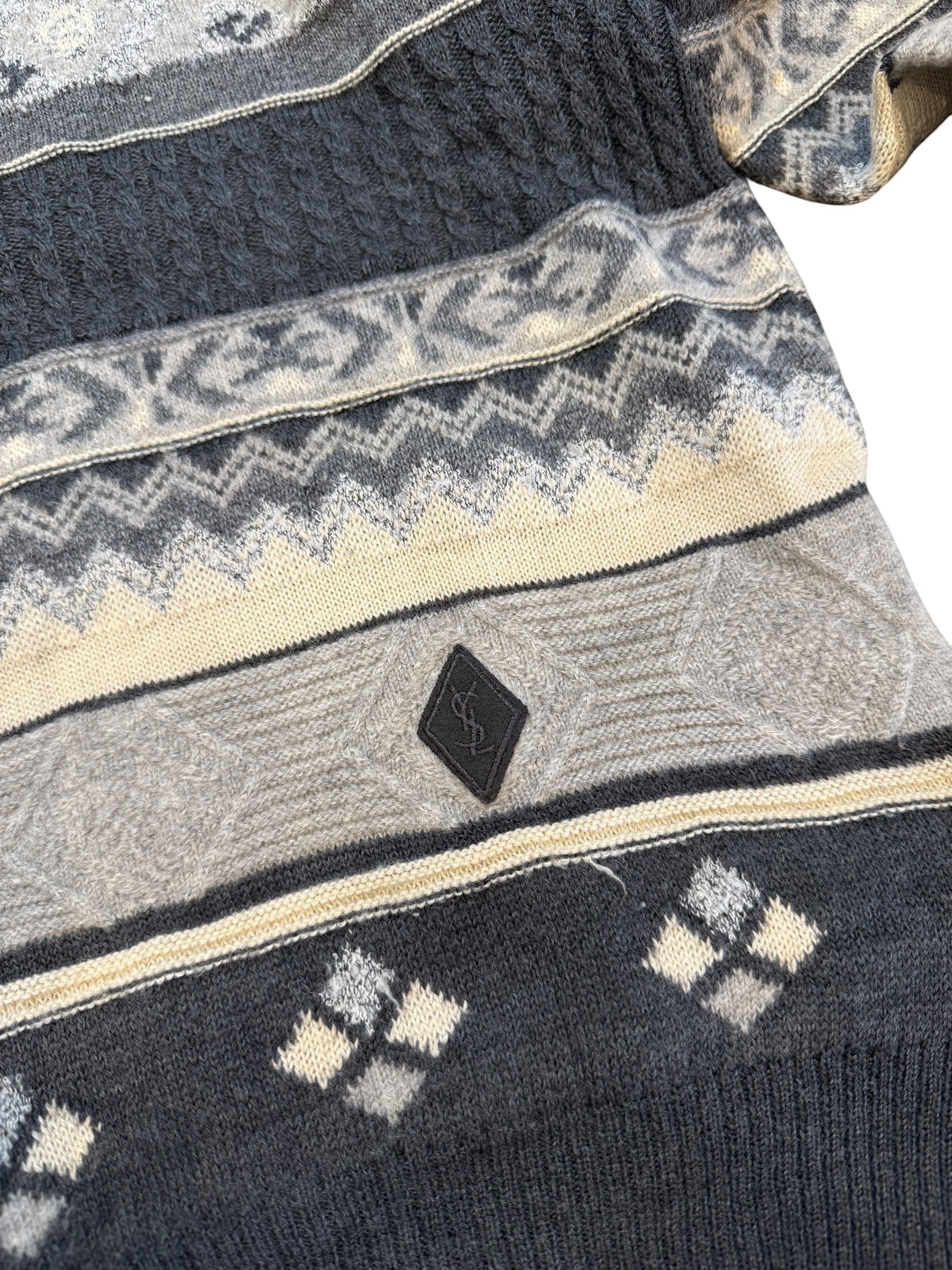 Archive No. 9 Yves Saint Laurent grey, cream, and black checkered knit jumper with YSL logo detail. Medium fit.