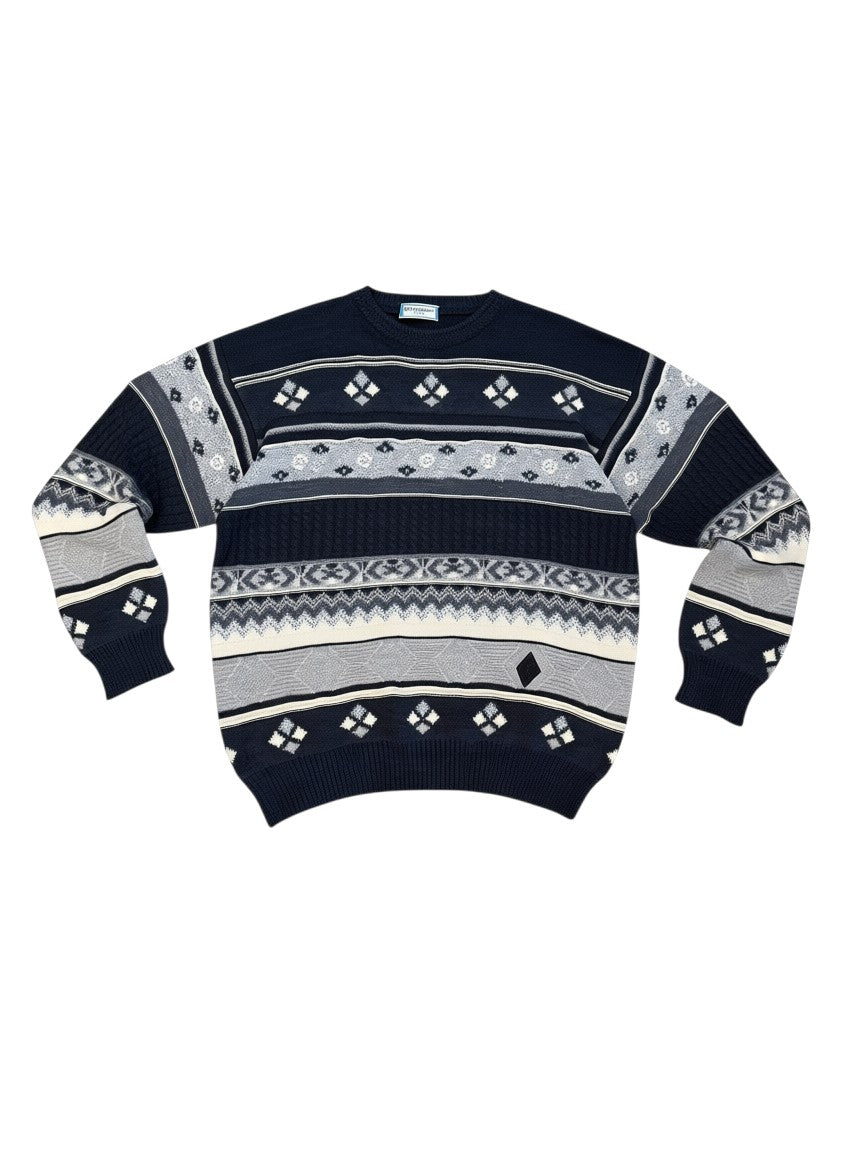 Archive No. 9 Yves Saint Laurent Knit Jumper in navy, grey, and cream checkered pattern. Medium fit.