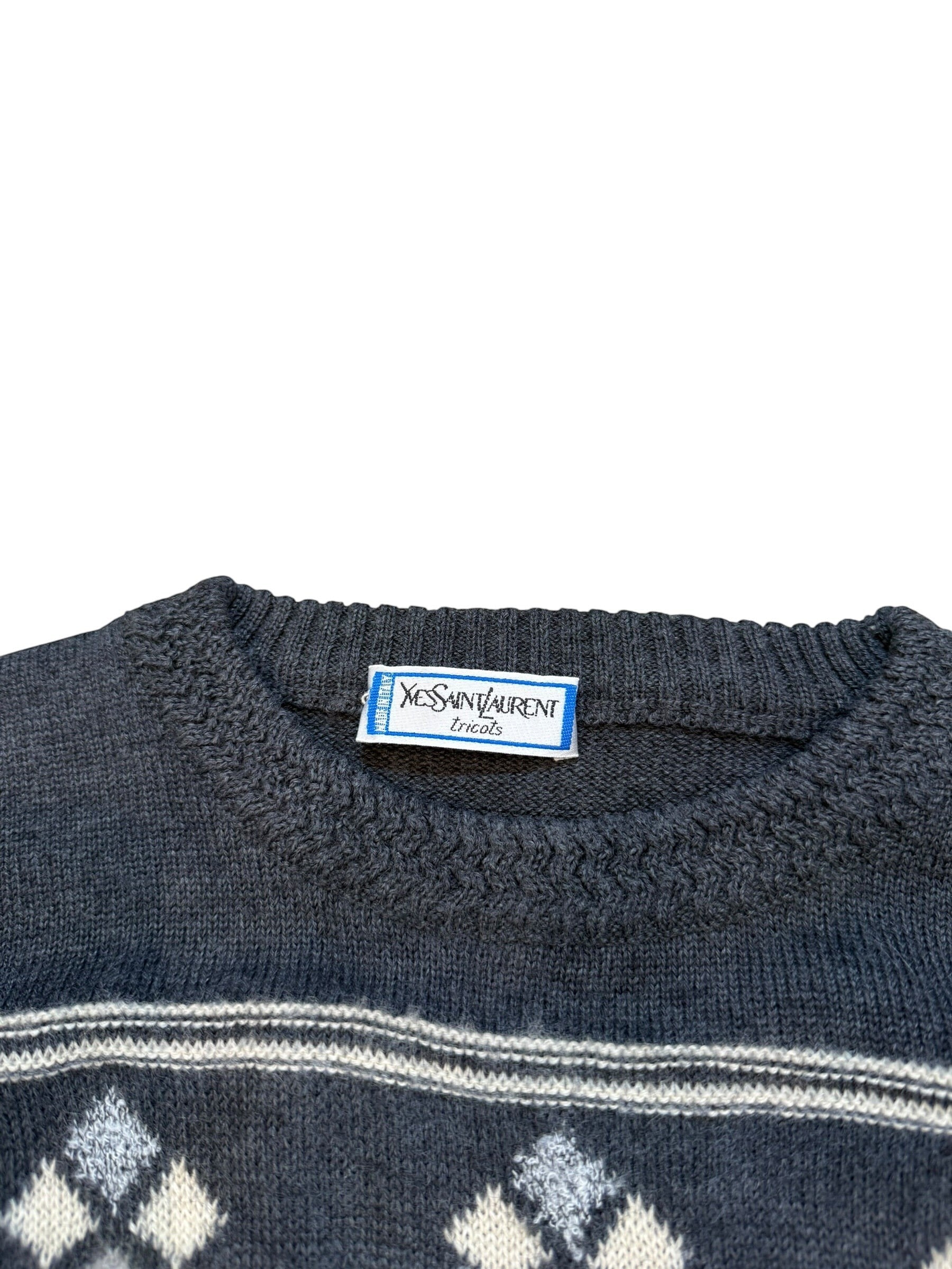 Archive No. 9 Yves Saint Laurent grey argyle knit jumper with white and light blue accents. Made in Italy.