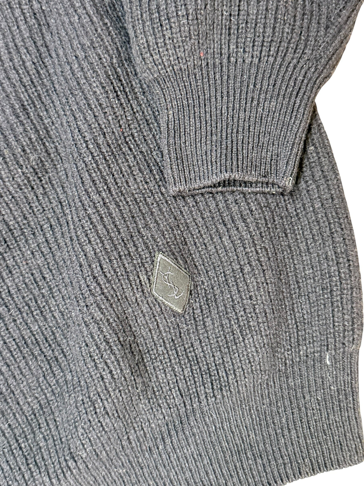 Archive No.9 vintage Yves Saint Laurent navy ribbed knit jumper with iconic badge, size M.