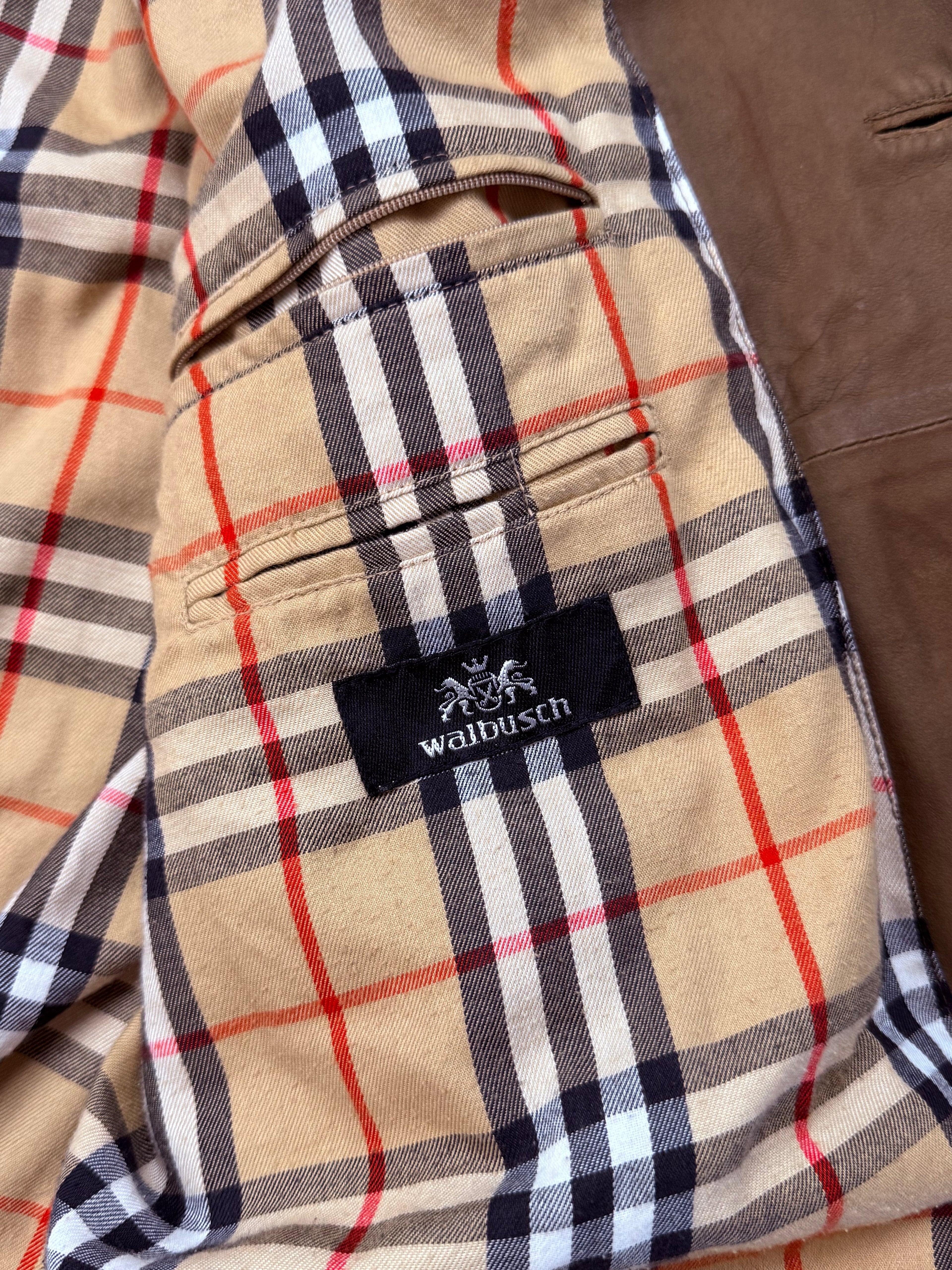 Archive No. 9 Burberry khaki suede bomber jacket with iconic check lining and regular fit.